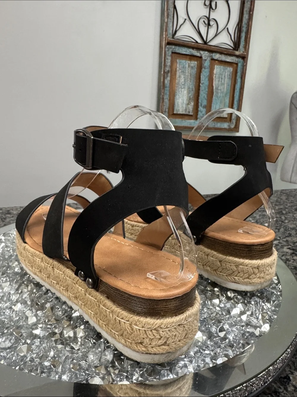 Black Platform Espadrille Sandals with Ankle Strap EUC 8.5